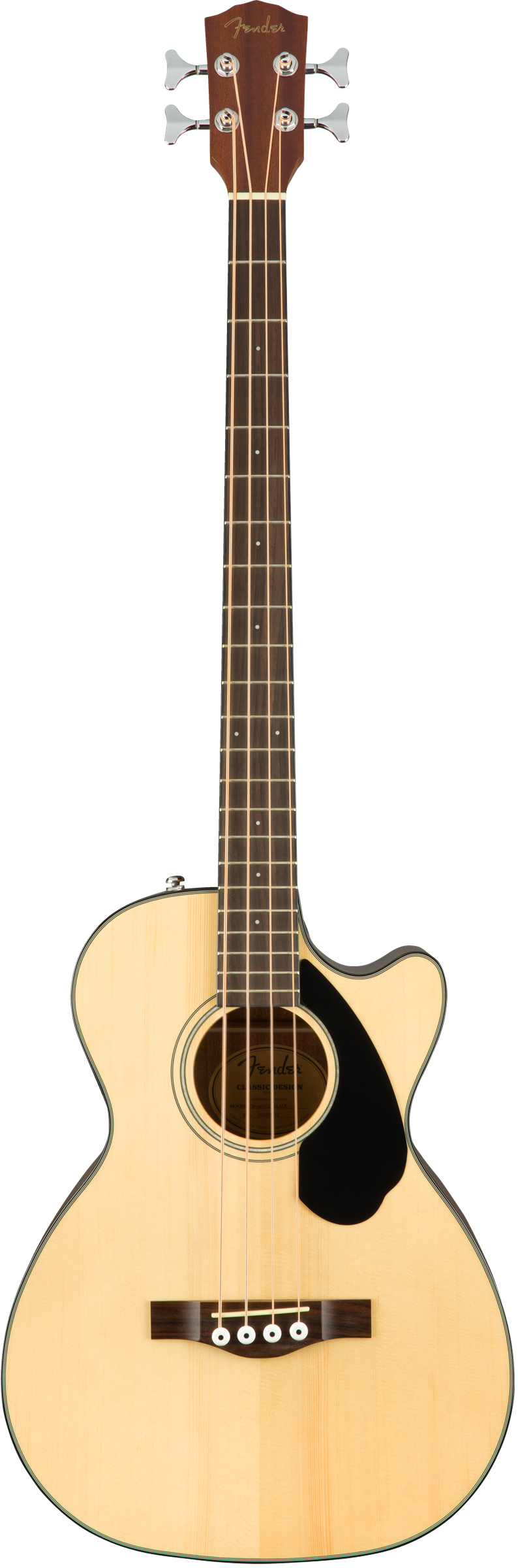 The image shows a Fender 4-string acoustic bass guitar with a natural wood finish and cutaway body. It features a dark wood neck and fretboard, a traditional soundhole with rosette, black pickguard, 4 chrome tuning pegs (2x2), and fret markers. Designed for unplugged play, the cutaway allows easier access to higher frets, making it ideal for practice, recording, or acoustic performances.