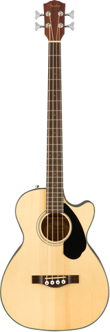 The image shows a Fender 4-string acoustic bass guitar with a natural wood finish and cutaway body. It features a dark wood neck and fretboard, a traditional soundhole with rosette, black pickguard, 4 chrome tuning pegs (2x2), and fret markers. Designed for unplugged play, the cutaway allows easier access to higher frets, making it ideal for practice, recording, or acoustic performances.