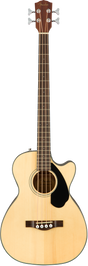 The image shows a Fender 4-string acoustic bass guitar with a natural wood finish and cutaway body. It features a dark wood neck and fretboard, a traditional soundhole with rosette, black pickguard, 4 chrome tuning pegs (2x2), and fret markers. Designed for unplugged play, the cutaway allows easier access to higher frets, making it ideal for practice, recording, or acoustic performances.
