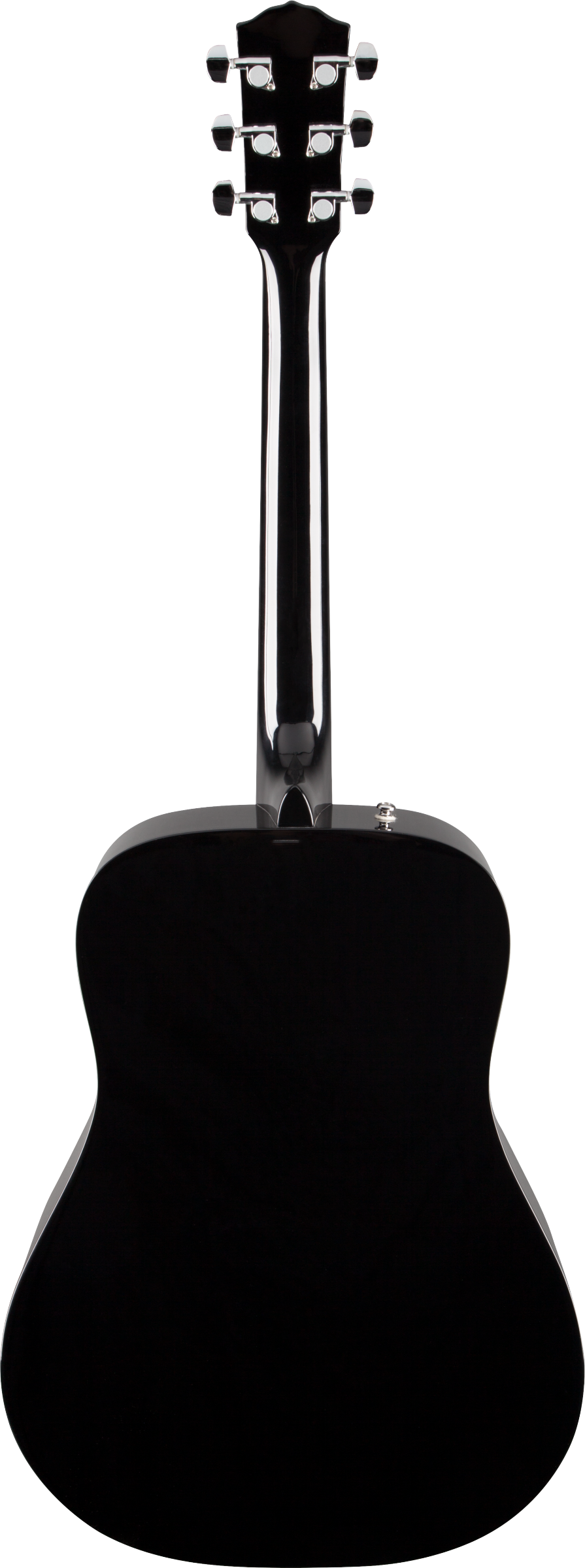 The image shows the back of a black acoustic guitar, featuring a headstock with six chrome tuning pegs, a long neck, and the curved body shape typical of acoustic guitars. The dark finish highlights the guitar’s silhouette and proportions, emphasizing key structural elements used for tuning and giving a clear sense of its size and form.