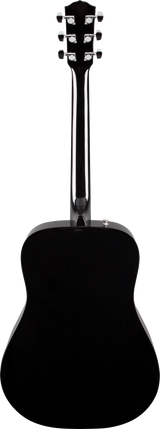 The image shows the back of a black acoustic guitar, featuring a headstock with six chrome tuning pegs, a long neck, and the curved body shape typical of acoustic guitars. The dark finish highlights the guitar’s silhouette and proportions, emphasizing key structural elements used for tuning and giving a clear sense of its size and form.