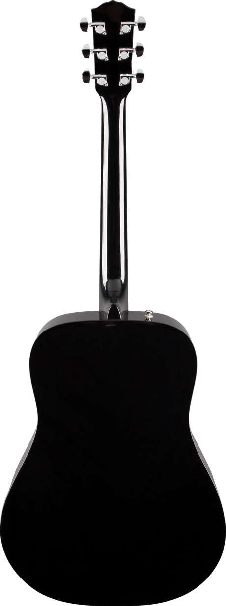 The image shows the back of a black acoustic guitar, featuring a headstock with six chrome tuning pegs, a long neck, and the curved body shape typical of acoustic guitars. The dark finish highlights the guitar’s silhouette and proportions, emphasizing key structural elements used for tuning and giving a clear sense of its size and form.