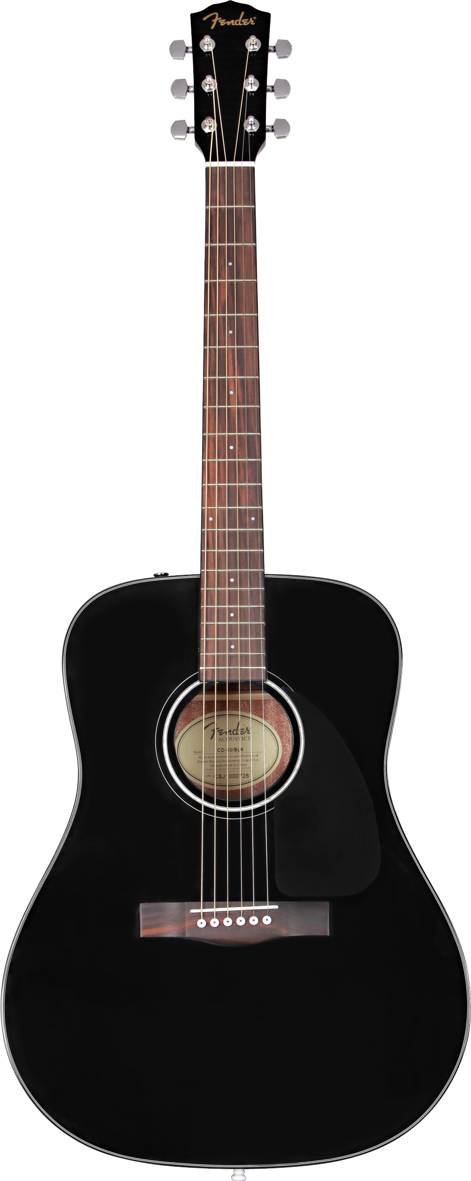 The image shows a Fender acoustic guitar with a classic dreadnought body and glossy black finish. It features a black headstock with gold Fender logo, six chrome tuning pegs, a natural wood neck and rosewood fretboard with white dot inlays, a round sound hole with rosette, a wooden bridge with white pins, and steel strings. This mid-level model combines traditional design with a sleek, modern look.