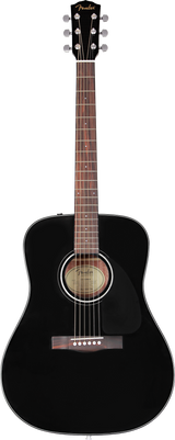 The image shows a Fender acoustic guitar with a classic dreadnought body and glossy black finish. It features a black headstock with gold Fender logo, six chrome tuning pegs, a natural wood neck and rosewood fretboard with white dot inlays, a round sound hole with rosette, a wooden bridge with white pins, and steel strings. This mid-level model combines traditional design with a sleek, modern look.