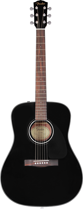The image shows a Fender acoustic guitar with a classic dreadnought body and glossy black finish. It features a black headstock with gold Fender logo, six chrome tuning pegs, a natural wood neck and rosewood fretboard with white dot inlays, a round sound hole with rosette, a wooden bridge with white pins, and steel strings. This mid-level model combines traditional design with a sleek, modern look.
