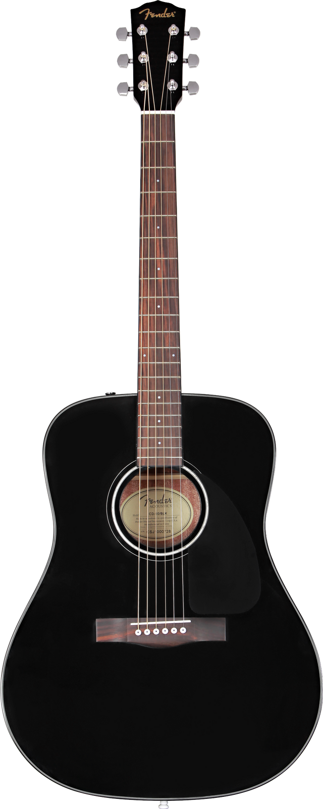 The image shows a Fender acoustic guitar with a classic dreadnought body and glossy black finish. It features a black headstock with gold Fender logo, six chrome tuning pegs, a natural wood neck and rosewood fretboard with white dot inlays, a round sound hole with rosette, a wooden bridge with white pins, and steel strings. This mid-level model combines traditional design with a sleek, modern look.