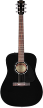 The image shows a Fender acoustic guitar with a classic dreadnought body and glossy black finish. It features a black headstock with gold Fender logo, six chrome tuning pegs, a natural wood neck and rosewood fretboard with white dot inlays, a round sound hole with rosette, a wooden bridge with white pins, and steel strings. This mid-level model combines traditional design with a sleek, modern look.