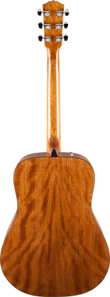 The image shows the back of a high-quality acoustic guitar with a rich, warm wood grain and a classic dreadnought shape. It features six tuning pegs with black knobs on the headstock, a strap button at the bottom, and a clean, professional finish. The natural wood grain and minimalist design highlight its craftsmanship, appealing to both amateur and professional musicians.