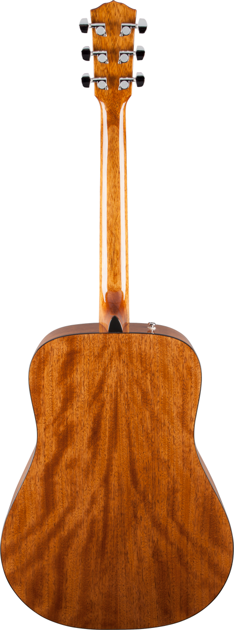 The image shows the back of a high-quality acoustic guitar with a rich, warm wood grain and a classic dreadnought shape. It features six tuning pegs with black knobs on the headstock, a strap button at the bottom, and a clean, professional finish. The natural wood grain and minimalist design highlight its craftsmanship, appealing to both amateur and professional musicians.