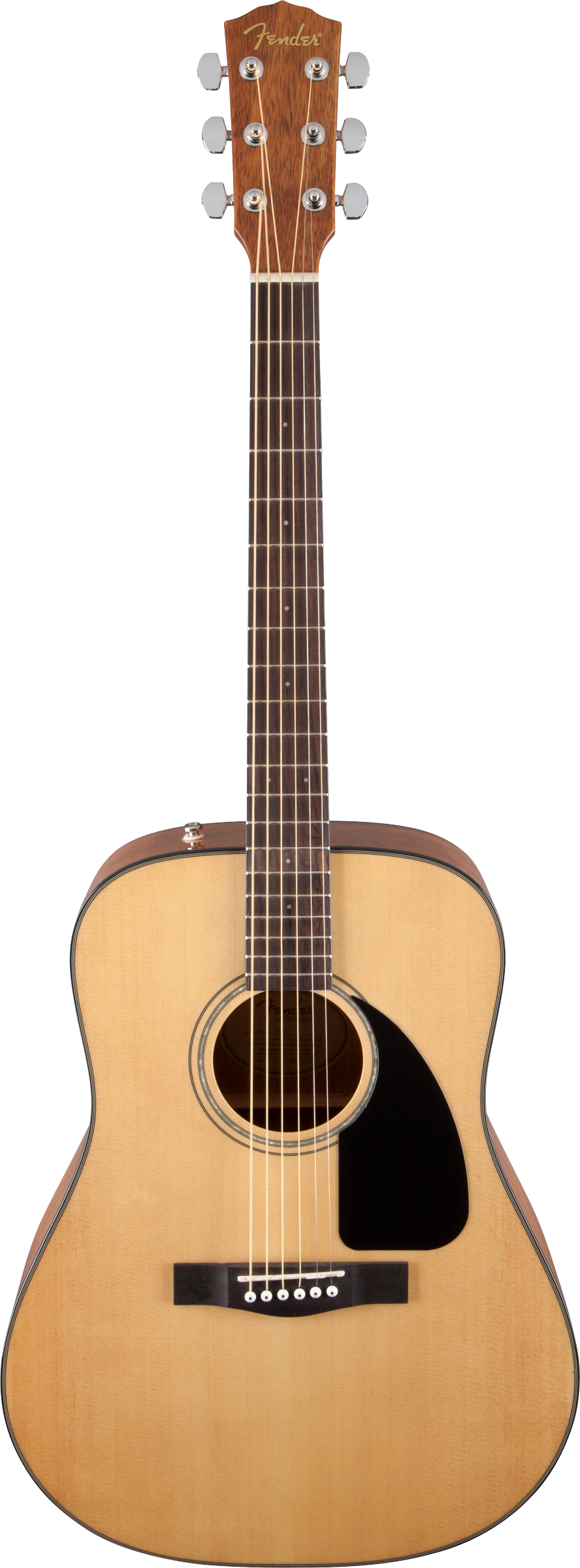 The image shows a Fender dreadnought-style acoustic guitar with a natural wood finish. It features a Fender logo on a dark headstock with chrome tuning pegs, a light spruce top, black pickguard, rosewood fretboard with dot markers, and a standard bridge with white pins. The guitar has bound edges, an acoustic soundhole with a rosette, and a six-string steel setup, suitable for beginners to intermediate players.