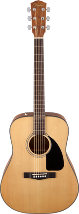 The image shows a Fender dreadnought-style acoustic guitar with a natural wood finish. It features a Fender logo on a dark headstock with chrome tuning pegs, a light spruce top, black pickguard, rosewood fretboard with dot markers, and a standard bridge with white pins. The guitar has bound edges, an acoustic soundhole with a rosette, and a six-string steel setup, suitable for beginners to intermediate players.