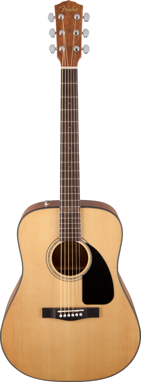 The image shows a Fender dreadnought-style acoustic guitar with a natural wood finish. It features a Fender logo on a dark headstock with chrome tuning pegs, a light spruce top, black pickguard, rosewood fretboard with dot markers, and a standard bridge with white pins. The guitar has bound edges, an acoustic soundhole with a rosette, and a six-string steel setup, suitable for beginners to intermediate players.