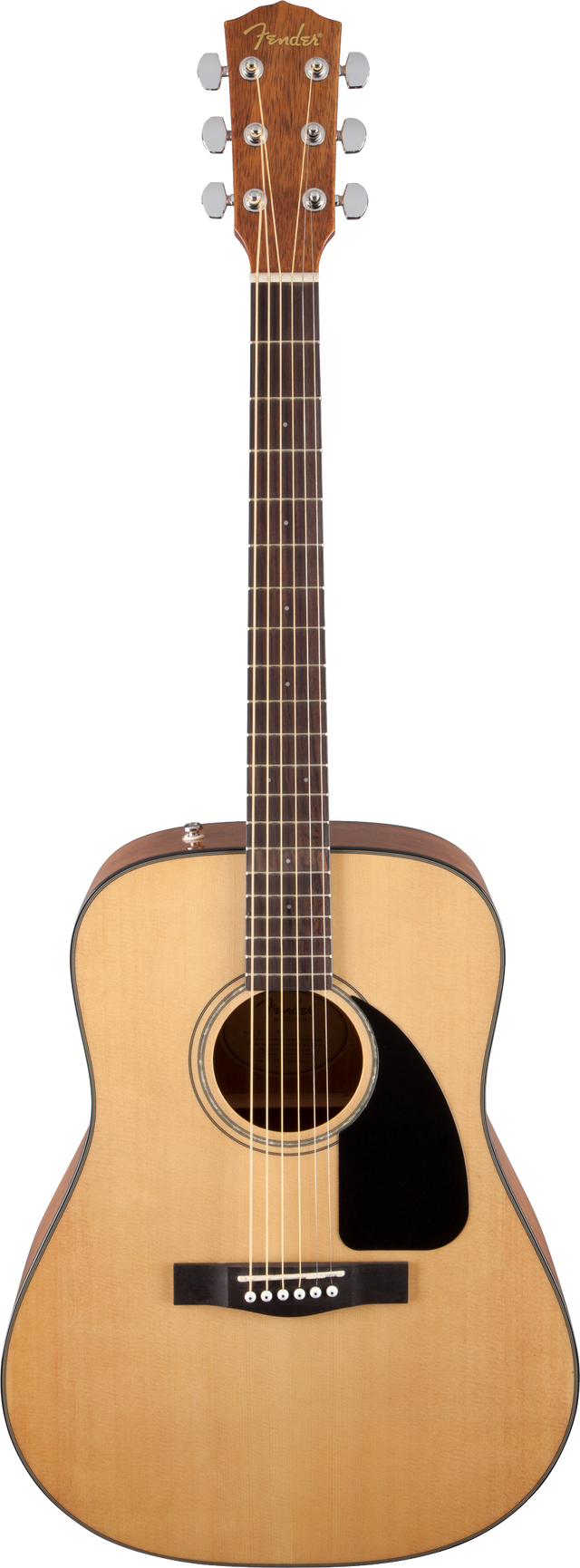 The image shows a Fender dreadnought-style acoustic guitar with a natural wood finish. It features a Fender logo on a dark headstock with chrome tuning pegs, a light spruce top, black pickguard, rosewood fretboard with dot markers, and a standard bridge with white pins. The guitar has bound edges, an acoustic soundhole with a rosette, and a six-string steel setup, suitable for beginners to intermediate players.
