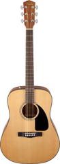 The image shows a Fender dreadnought-style acoustic guitar with a natural wood finish. It features a Fender logo on a dark headstock with chrome tuning pegs, a light spruce top, black pickguard, rosewood fretboard with dot markers, and a standard bridge with white pins. The guitar has bound edges, an acoustic soundhole with a rosette, and a six-string steel setup, suitable for beginners to intermediate players.