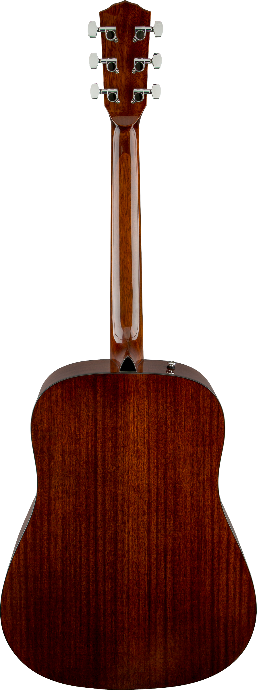 The image shows the back of a well-crafted acoustic guitar with a reddish-brown wood finish, likely mahogany. It features a long wooden neck, a large dreadnought-shaped body with decorative binding, and a headstock with 6 chrome tuning pegs (3 on each side). Part of the sound hole or internal bracing is visible. The guitar is photographed against a white background, typical of product or catalog images.