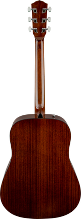 The image shows the back of a well-crafted acoustic guitar with a reddish-brown wood finish, likely mahogany. It features a long wooden neck, a large dreadnought-shaped body with decorative binding, and a headstock with 6 chrome tuning pegs (3 on each side). Part of the sound hole or internal bracing is visible. The guitar is photographed against a white background, typical of product or catalog images.