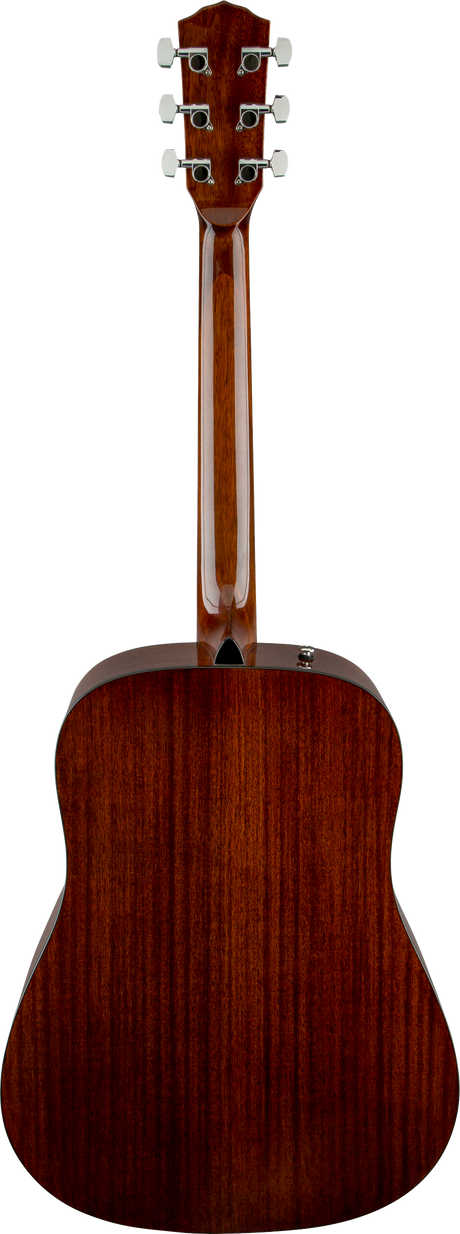 The image shows the back of a well-crafted acoustic guitar with a reddish-brown wood finish, likely mahogany. It features a long wooden neck, a large dreadnought-shaped body with decorative binding, and a headstock with 6 chrome tuning pegs (3 on each side). Part of the sound hole or internal bracing is visible. The guitar is photographed against a white background, typical of product or catalog images.