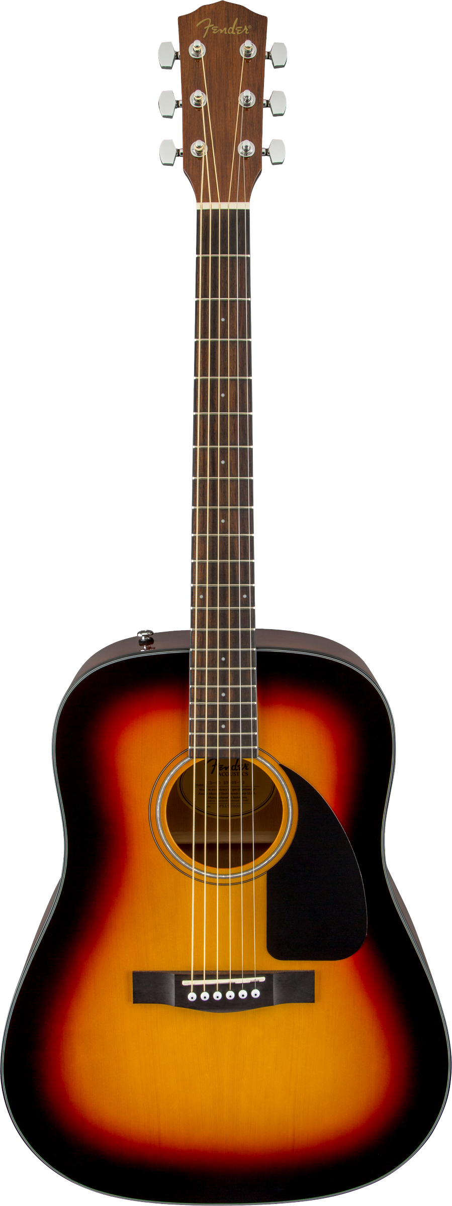 The image shows a Fender dreadnought acoustic guitar with a sunburst finish, featuring a natural wood top, black pickguard, and a round sound hole with a decorative rosette. It has chrome tuning pegs (3 per side) on the headstock, a natural wood neck, and a dark wood fretboard. This classic 6-string steel-string guitar is likely an entry to mid-level model, suitable for various playing styles.