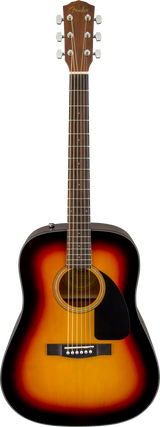 The image shows a Fender dreadnought acoustic guitar with a sunburst finish, featuring a natural wood top, black pickguard, and a round sound hole with a decorative rosette. It has chrome tuning pegs (3 per side) on the headstock, a natural wood neck, and a dark wood fretboard. This classic 6-string steel-string guitar is likely an entry to mid-level model, suitable for various playing styles.