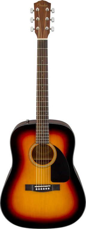 The image shows a Fender dreadnought acoustic guitar with a sunburst finish, featuring a natural wood top, black pickguard, and a round sound hole with a decorative rosette. It has chrome tuning pegs (3 per side) on the headstock, a natural wood neck, and a dark wood fretboard. This classic 6-string steel-string guitar is likely an entry to mid-level model, suitable for various playing styles.
