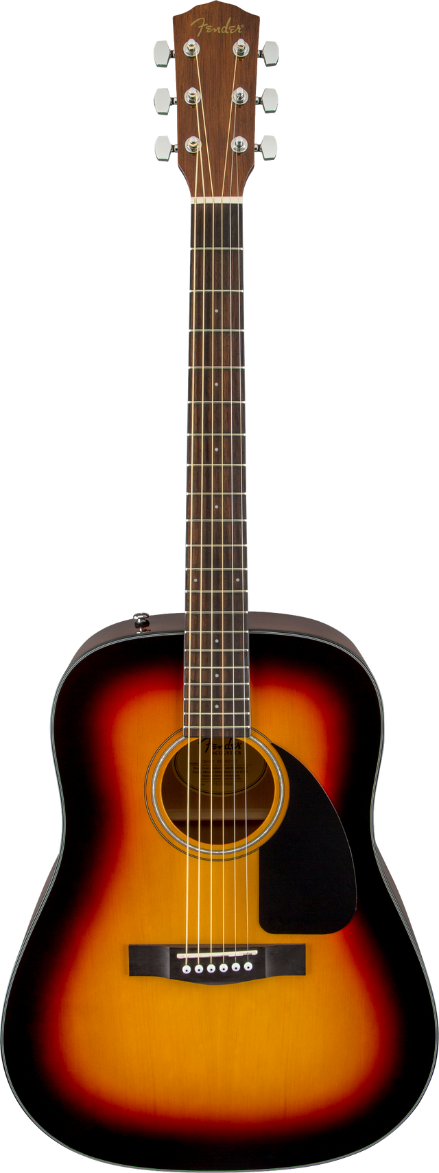 The image shows a Fender dreadnought acoustic guitar with a sunburst finish, featuring a natural wood top, black pickguard, and a round sound hole with a decorative rosette. It has chrome tuning pegs (3 per side) on the headstock, a natural wood neck, and a dark wood fretboard. This classic 6-string steel-string guitar is likely an entry to mid-level model, suitable for various playing styles.