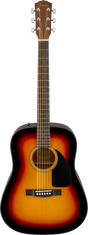 The image shows a Fender dreadnought acoustic guitar with a sunburst finish, featuring a natural wood top, black pickguard, and a round sound hole with a decorative rosette. It has chrome tuning pegs (3 per side) on the headstock, a natural wood neck, and a dark wood fretboard. This classic 6-string steel-string guitar is likely an entry to mid-level model, suitable for various playing styles.