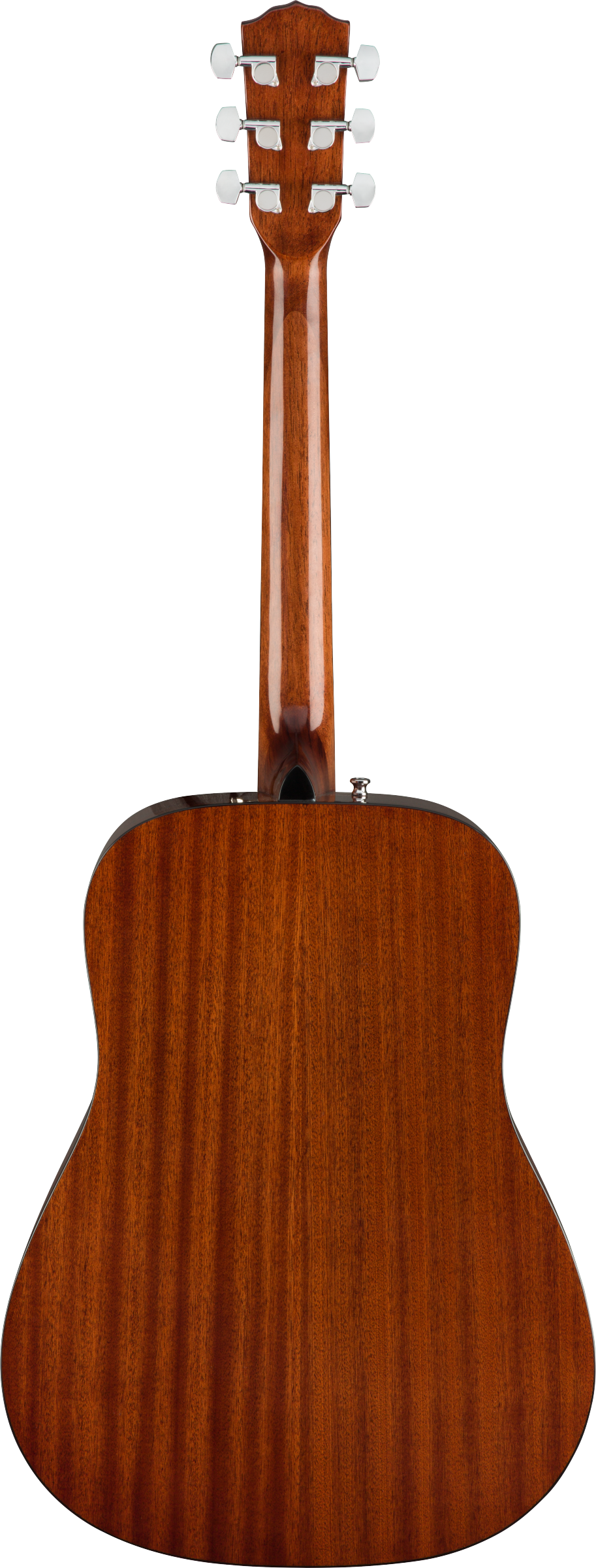 The image shows the back of an acoustic guitar with a reddish-brown wood finish, likely mahogany, featuring visible grain and striping. It has a classic dreadnought body with a smooth, glossy surface. The headstock has six chrome tuning pegs in a 3+3 layout. An output jack or strap pin is visible on the lower bout, indicating it may be an acoustic-electric model.