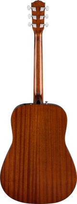 The image shows the back of an acoustic guitar with a reddish-brown wood finish, likely mahogany, featuring visible grain and striping. It has a classic dreadnought body with a smooth, glossy surface. The headstock has six chrome tuning pegs in a 3+3 layout. An output jack or strap pin is visible on the lower bout, indicating it may be an acoustic-electric model.