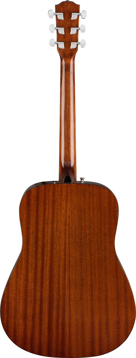 The image shows the back of an acoustic guitar with a reddish-brown wood finish, likely mahogany, featuring visible grain and striping. It has a classic dreadnought body with a smooth, glossy surface. The headstock has six chrome tuning pegs in a 3+3 layout. An output jack or strap pin is visible on the lower bout, indicating it may be an acoustic-electric model.