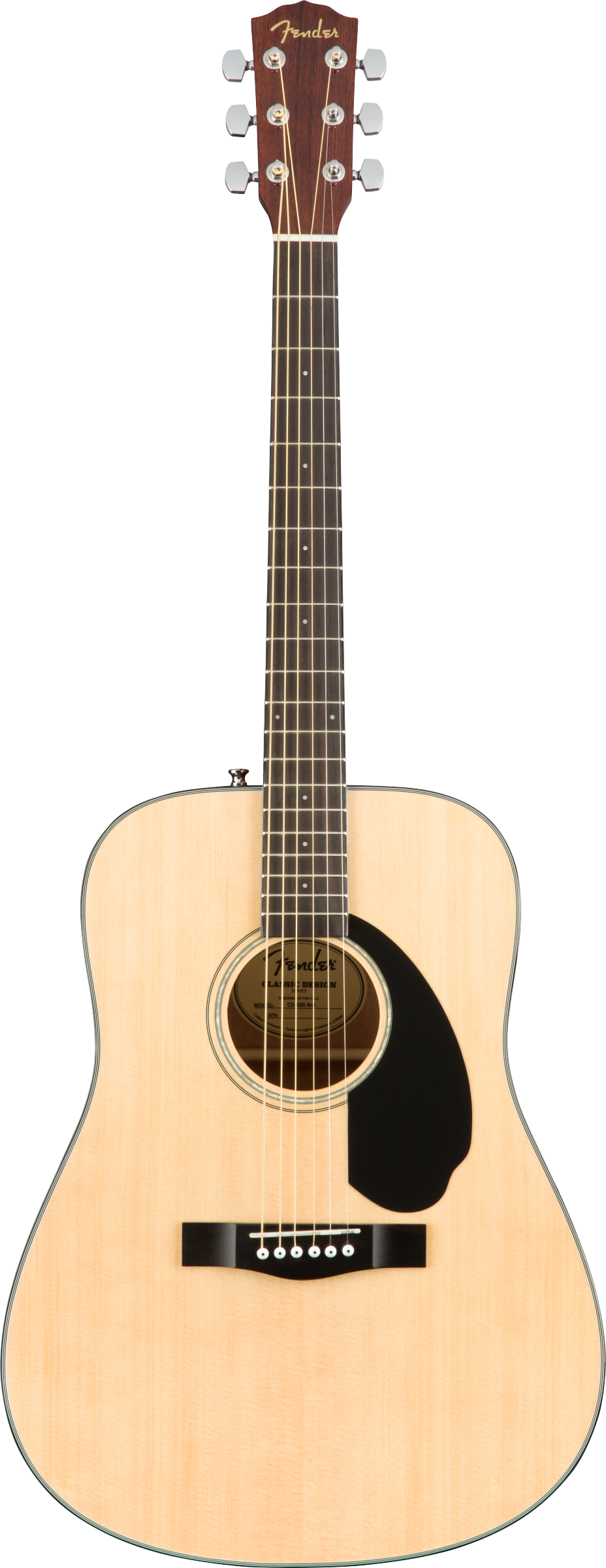 The image shows a Fender dreadnought acoustic guitar with a natural light wood top, a black pickguard, and a black bridge with white pins. The headstock features the gold Fender logo and six chrome tuning pegs. The neck is darker wood with light fret markers, and the round soundhole has decorative rosette rings. This classic design suits various music styles and represents Fender’s quality in acoustic instruments.