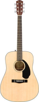 The image shows a Fender dreadnought acoustic guitar with a natural light wood top, a black pickguard, and a black bridge with white pins. The headstock features the gold Fender logo and six chrome tuning pegs. The neck is darker wood with light fret markers, and the round soundhole has decorative rosette rings. This classic design suits various music styles and represents Fender’s quality in acoustic instruments.