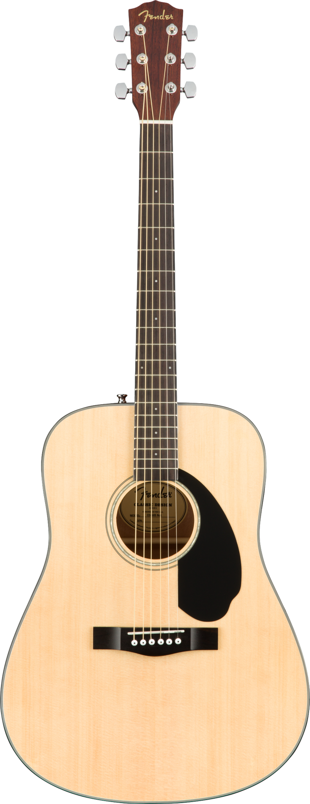 The image shows a Fender dreadnought acoustic guitar with a natural light wood top, a black pickguard, and a black bridge with white pins. The headstock features the gold Fender logo and six chrome tuning pegs. The neck is darker wood with light fret markers, and the round soundhole has decorative rosette rings. This classic design suits various music styles and represents Fender’s quality in acoustic instruments.