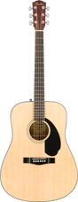 The image shows a Fender dreadnought acoustic guitar with a natural light wood top, a black pickguard, and a black bridge with white pins. The headstock features the gold Fender logo and six chrome tuning pegs. The neck is darker wood with light fret markers, and the round soundhole has decorative rosette rings. This classic design suits various music styles and represents Fender’s quality in acoustic instruments.
