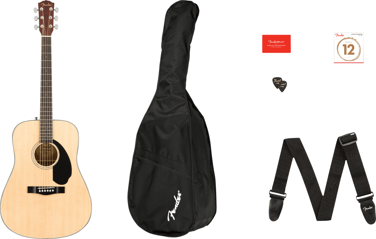 The image shows a complete Fender acoustic guitar starter pack featuring a natural dreadnought guitar with a black pickguard, a black Fender gig bag, an adjustable black Fender strap, a pack of Fender acoustic guitar strings, a black Fender pick, and a red Fender Play card for online lessons. All items are branded and aimed at new guitarists.