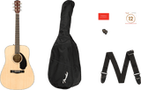 The image shows a complete Fender acoustic guitar starter pack featuring a natural dreadnought guitar with a black pickguard, a black Fender gig bag, an adjustable black Fender strap, a pack of Fender acoustic guitar strings, a black Fender pick, and a red Fender Play card for online lessons. All items are branded and aimed at new guitarists.