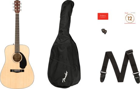 The image shows a complete Fender acoustic guitar starter pack featuring a natural dreadnought guitar with a black pickguard, a black Fender gig bag, an adjustable black Fender strap, a pack of Fender acoustic guitar strings, a black Fender pick, and a red Fender Play card for online lessons. All items are branded and aimed at new guitarists.