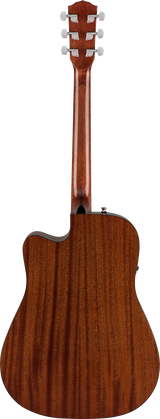 The image shows the back of an acoustic-electric guitar with a reddish-brown wood finish, likely mahogany or sapele. It features a cutaway body, a glossy wood grain back, and a traditional headstock with six white/chrome tuning pegs. Visible are an output jack and a possible control or battery compartment on the lower bout, indicating its acoustic-electric design. The guitar has a professional build with clean lines and balanced proportions.