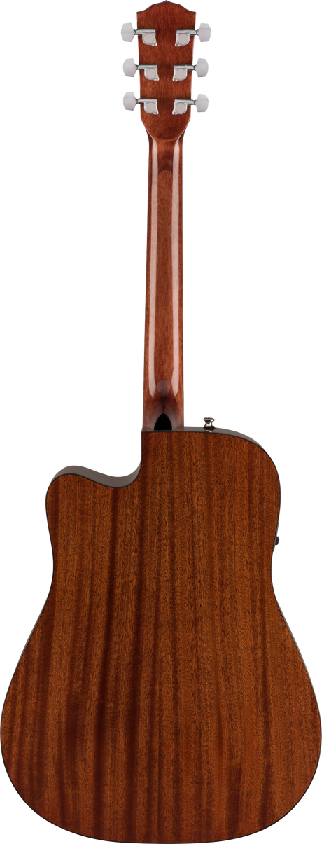 The image shows the back of an acoustic-electric guitar with a reddish-brown wood finish, likely mahogany or sapele. It features a cutaway body, a glossy wood grain back, and a traditional headstock with six white/chrome tuning pegs. Visible are an output jack and a possible control or battery compartment on the lower bout, indicating its acoustic-electric design. The guitar has a professional build with clean lines and balanced proportions.