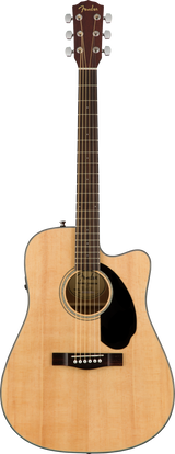 The image shows a Fender dreadnought acoustic-electric guitar with a cutaway design and natural wood finish. It features a pickup/preamp system, chrome tuning machines, a dark wood fretboard with standard markers, a black pickguard, and a traditional bridge with white pins. The Fender logo is visible on the headstock. This versatile guitar suits both unplugged and amplified playing, with the cutaway allowing easy access to higher frets.