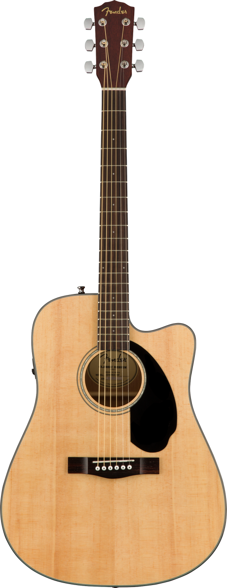 The image shows a Fender dreadnought acoustic-electric guitar with a cutaway design and natural wood finish. It features a pickup/preamp system, chrome tuning machines, a dark wood fretboard with standard markers, a black pickguard, and a traditional bridge with white pins. The Fender logo is visible on the headstock. This versatile guitar suits both unplugged and amplified playing, with the cutaway allowing easy access to higher frets.