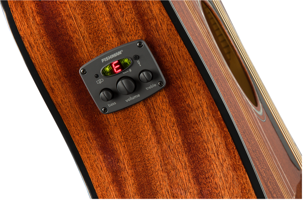 The image shows a Fishman acoustic guitar preamp and pickup system installed on a rich wood guitar body. It features a digital tuner displaying "E" in red, three control knobs for bass, volume, and treble, and a built-in chromatic tuner. The Fishman system allows players to amplify, shape tone, and tune their instrument accurately, commonly used by both amateur and professional musicians.