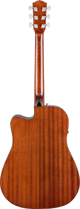 The image shows the back of a high-quality acoustic guitar with a polished, warm brown wood finish and visible grain. It features a cutaway body, six chrome tuning pegs in a 3+3 layout, and a dreadnought-style shape. The wood appears to be mahogany or similar hardwood, highlighting a sleek, premium tonewood construction typical of electric-acoustic guitars designed for stage use.