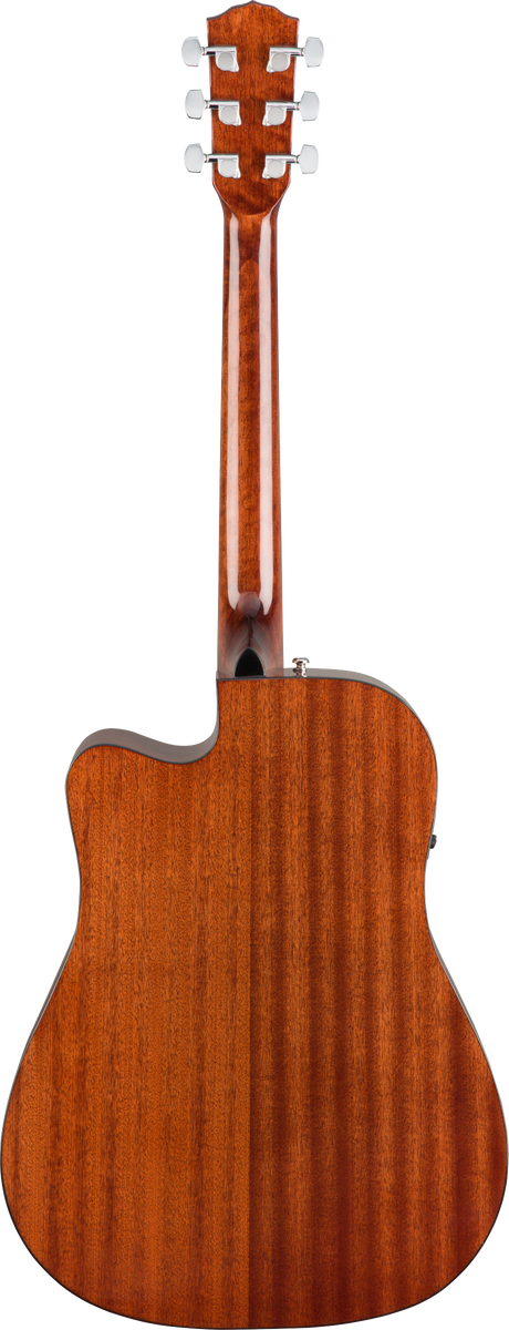The image shows the back of a high-quality acoustic guitar with a polished, warm brown wood finish and visible grain. It features a cutaway body, six chrome tuning pegs in a 3+3 layout, and a dreadnought-style shape. The wood appears to be mahogany or similar hardwood, highlighting a sleek, premium tonewood construction typical of electric-acoustic guitars designed for stage use.
