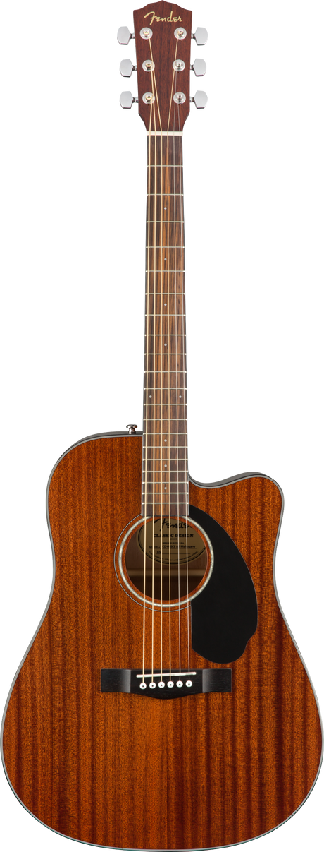 The image shows a Fender acoustic guitar with a cutaway dreadnought body. It features a natural wood finish highlighting a warm-toned wood grain, a black pickguard, and chrome tuning pegs. The headstock displays the Fender logo with 6 steel strings and standard tuning pegs. The dark fretboard has dot markers, and the sound hole has a decorative rosette. This mid-to-high-end model blends classic design with versatility for rhythm and lead playing.