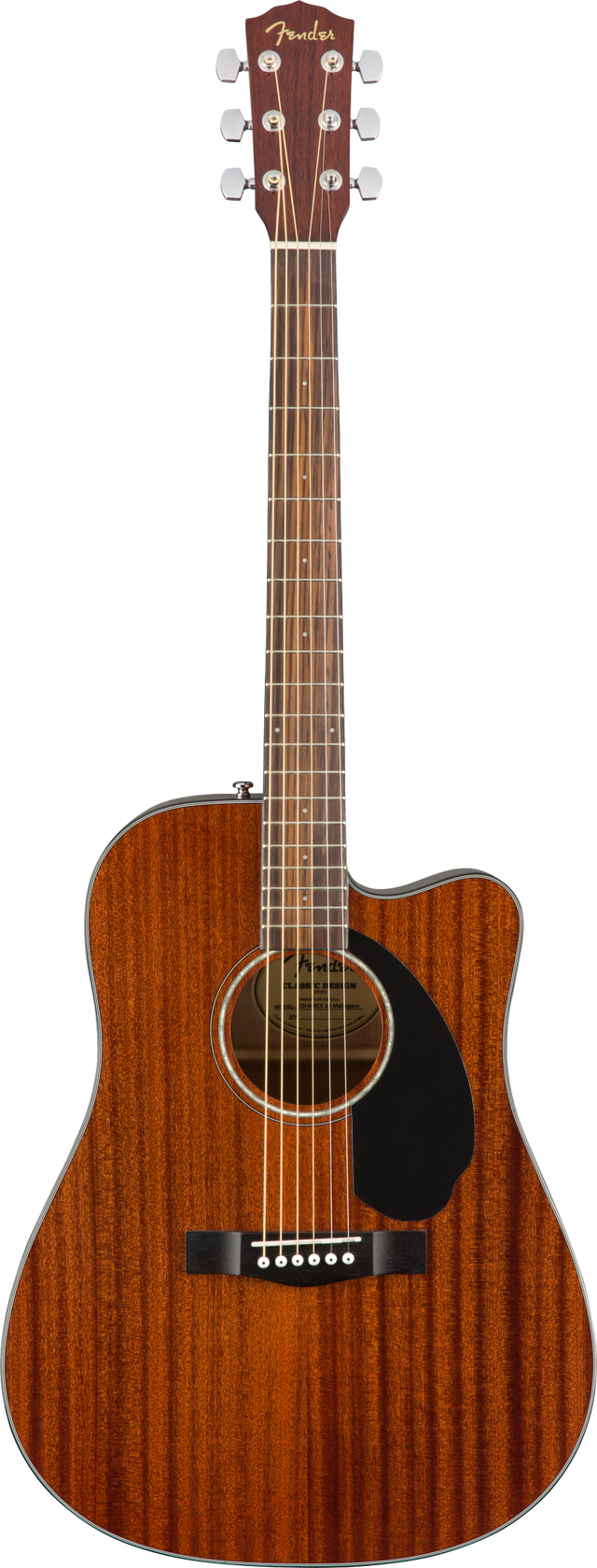 The image shows a Fender acoustic guitar with a cutaway dreadnought body. It features a natural wood finish highlighting a warm-toned wood grain, a black pickguard, and chrome tuning pegs. The headstock displays the Fender logo with 6 steel strings and standard tuning pegs. The dark fretboard has dot markers, and the sound hole has a decorative rosette. This mid-to-high-end model blends classic design with versatility for rhythm and lead playing.
