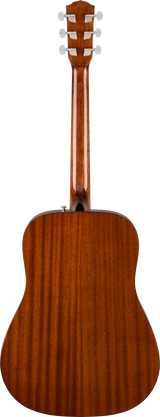 The image shows the back of a dreadnought-style acoustic guitar with a rich reddish-brown wood grain finish and glossy surface. It features six chrome tuning pegs in a 3+3 layout and an end pin jack, indicating it’s an acoustic-electric model. The guitar has clean lines and professional hardware, suggesting mid-to-upper range quality suitable for serious players.