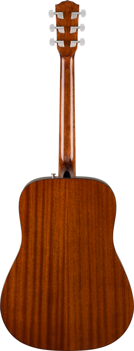 The image shows the back of a dreadnought-style acoustic guitar with a rich reddish-brown wood grain finish and glossy surface. It features six chrome tuning pegs in a 3+3 layout and an end pin jack, indicating it’s an acoustic-electric model. The guitar has clean lines and professional hardware, suggesting mid-to-upper range quality suitable for serious players.