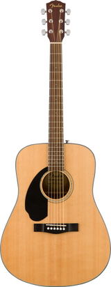 The image shows a Fender dreadnought acoustic guitar with a natural wood finish. It features a spruce top, dark rosewood headstock and fretboard with white inlays, six steel strings, a black pickguard, circular sound hole with rosette, white bridge pins, and chrome tuning machines with cream knobs. This entry-to-intermediate model suits various styles like folk, country, rock, and general acoustic playing.