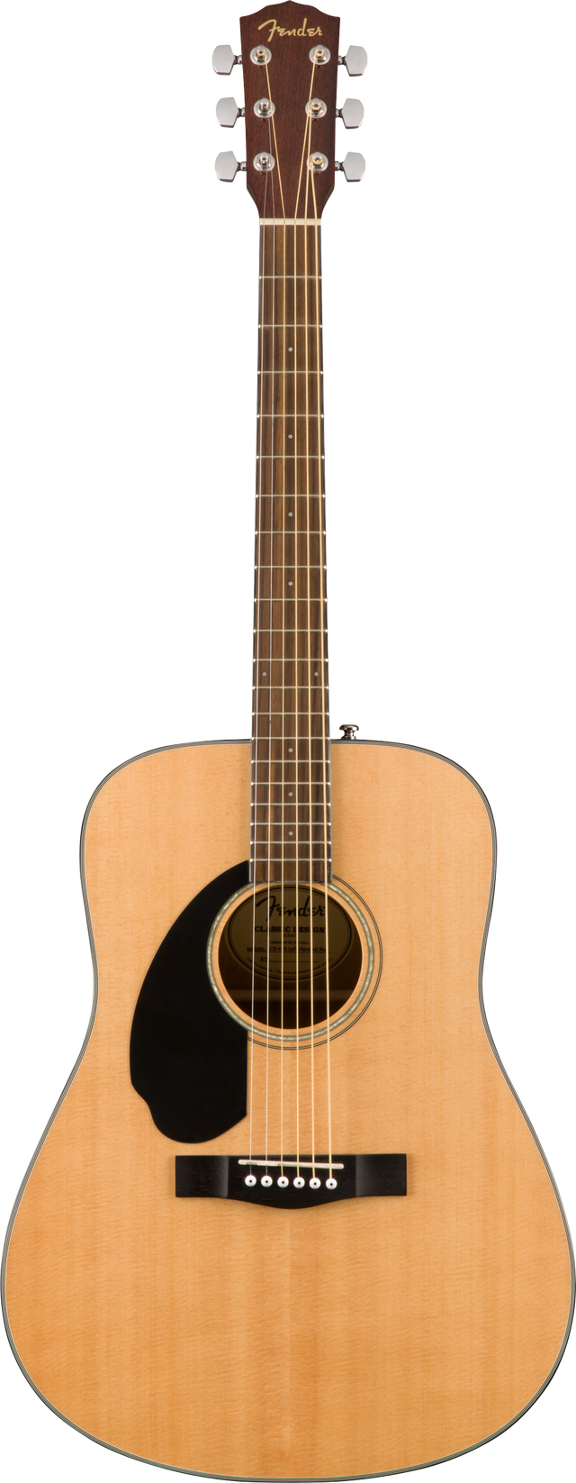 The image shows a Fender dreadnought acoustic guitar with a natural wood finish. It features a spruce top, dark rosewood headstock and fretboard with white inlays, six steel strings, a black pickguard, circular sound hole with rosette, white bridge pins, and chrome tuning machines with cream knobs. This entry-to-intermediate model suits various styles like folk, country, rock, and general acoustic playing.
