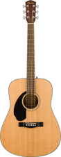 The image shows a Fender dreadnought acoustic guitar with a natural wood finish. It features a spruce top, dark rosewood headstock and fretboard with white inlays, six steel strings, a black pickguard, circular sound hole with rosette, white bridge pins, and chrome tuning machines with cream knobs. This entry-to-intermediate model suits various styles like folk, country, rock, and general acoustic playing.